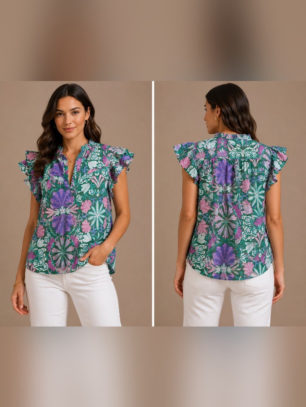 Olivaceous Green Floral Ruffle Sleeve Blouse #B30